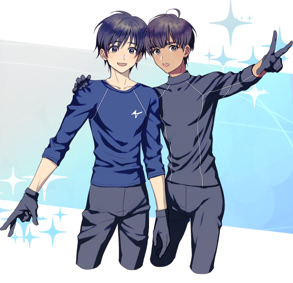 2boys :d black_eyes black_gloves black_hair black_pants black_shirt blue_shirt commentary_request cowboy_shot dark-skinned_male dark_skin gloves grey_pants hand_on_another&#039;s_shoulder katsuki_yuuri looking_at_viewer male_focus multiple_boys open_mouth pants phichit_chulanont shirt short_hair smile sparkle turtleneck turtleneck_shirt v vze6277 white_trim yuri!!!_on_ice