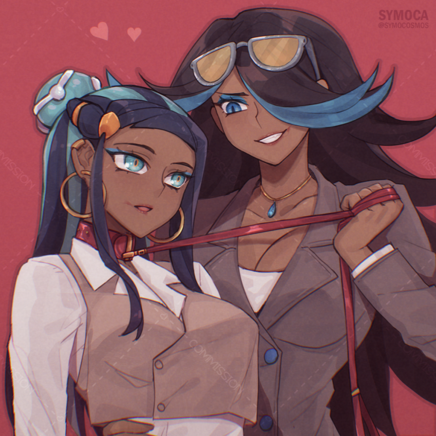 2girls animal_collar artist_name bdsm black_hair blue_eyes blue_hair breasts cleavage collar collarbone commentary commission couple dark-skinned_female dark_skin earrings english_commentary eyewear_on_head femdom grin hair_over_one_eye hoop_earrings jewelry large_breasts long_hair looking_at_another medium_breasts multicolored_hair multiple_girls nessa_(pokemon) nintendo one_eye_covered pokemon pokemon_oras pokemon_swsh shelly_(pokemon) shirt sidelocks smile symoca teeth tinted_eyewear twitter_username two-tone_hair watermark white_shirt yellow-tinted_eyewear yuri