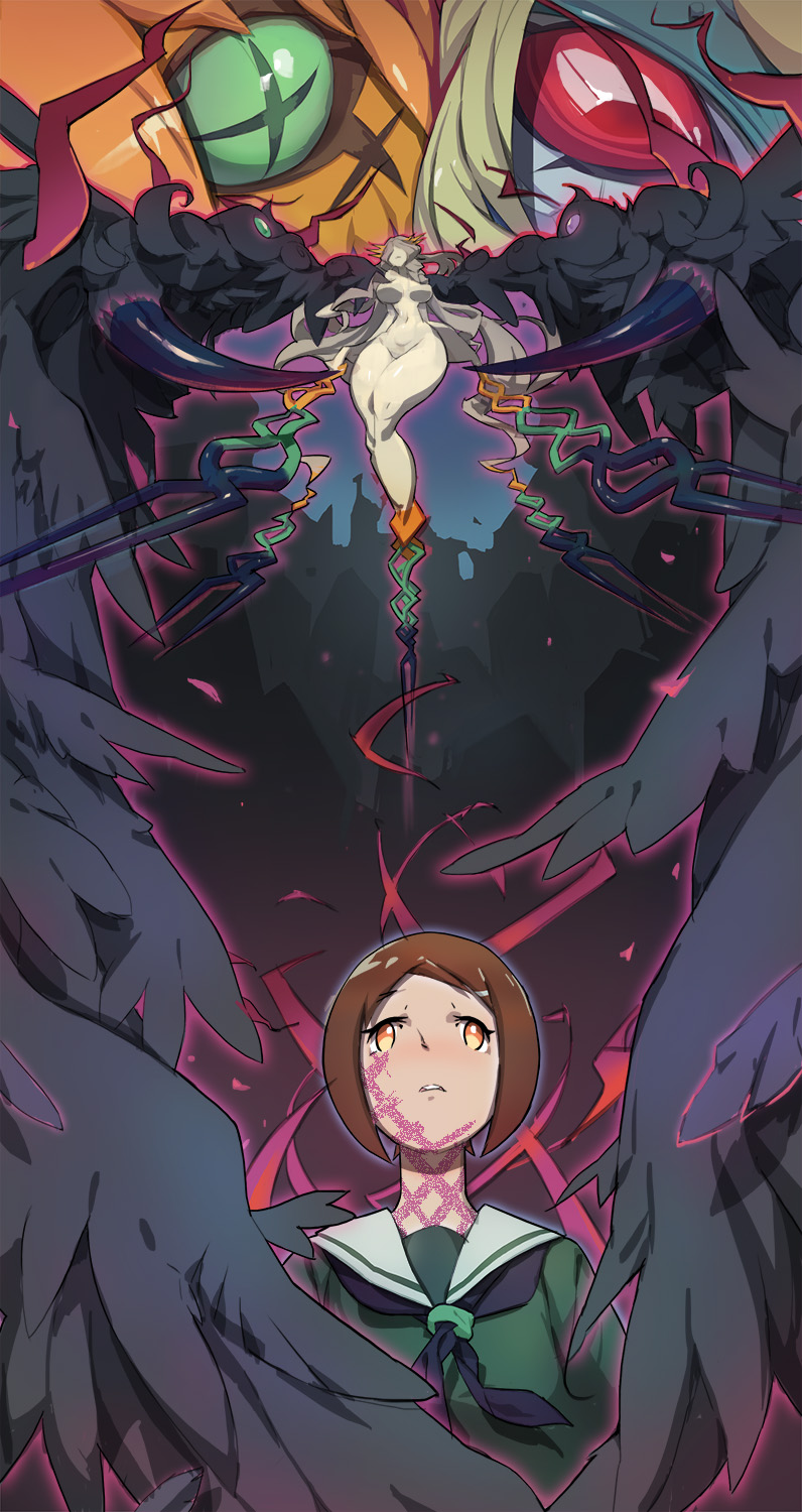 10s 1girl black_neckerchief black_wings blouse body_markings breasts brown_hair claws corruption digimon digimon_(creature) digimon_adventure_tri. fallen_angel from_below fusion green_eyes green_shirt hair_ornament hairclip helix highres ioioi_(2466400725) neckerchief ofanimon ofanimon_falldown_mode ordinemon perspective raguelmon red_eyes sailor_collar school_uniform serafuku shirt spoilers tagme tattoo wings yagami_hikari