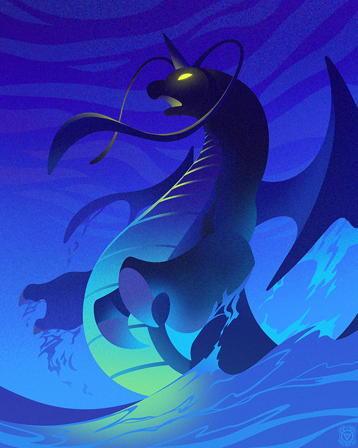 artist_logo blue_background claws dragonite gen_1_pokemon glowing glowing_eyes logo nintendo no_humans open_mouth outdoors pokemon pokemon_(anime) pokemon_(classic_anime) pokemon_(creature) solo versiris water yellow_eyes