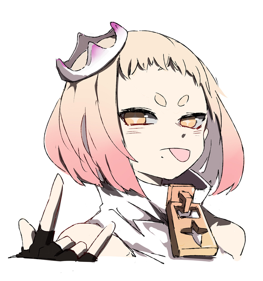 1girl :p \n/ black_gloves blonde_hair crown esu_(transc) fingerless_gloves gloves gradient_hair humanization mole mole_under_mouth multicolored_hair nintendo pearl_(off_the_hook_outfit)_(splatoon) pearl_(splatoon) pink_hair portrait short_hair simple_background sleeveless solo splatoon_(series) splatoon_2 star-shaped_pupils star_(symbol) symbol-shaped_pupils thick_eyebrows tongue tongue_out white_background white_crown yellow_eyes zipper
