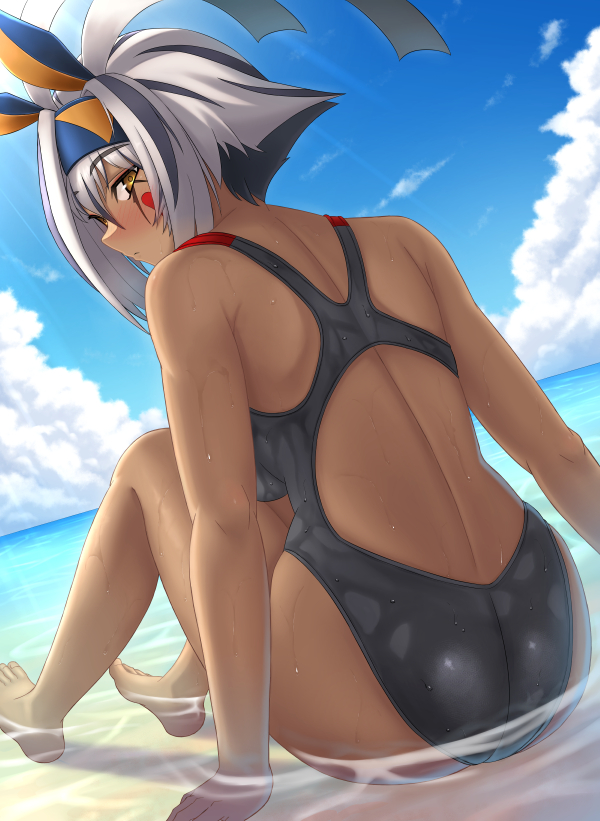 1girl animal_ears antenna_hair ass back bare_shoulders barefoot beach black_hair black_one-piece_swimsuit blue_sky blush breasts chuppa_(katotsuba) colored_inner_hair dark-skinned_female dark_skin earrings facepaint facial_mark fate/grand_order fate_(series) hairband hoop_earrings jackal_ears jewelry looking_at_viewer looking_back medium_breasts multicolored_hair nitocris_(fate) nitocris_alter_(fate) one-piece_swimsuit shore short_hair sidelocks sky solo streaked_hair swimsuit water white_hair yellow_eyes