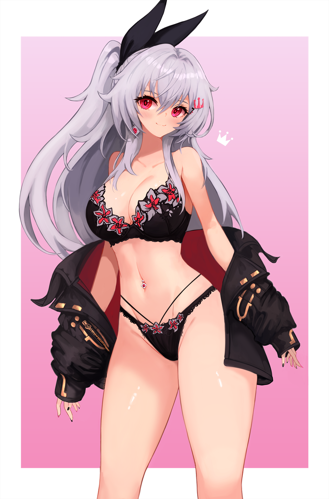 1girl black_bow black_bra black_jacket black_nails black_panties border bow bra breasts cleavage closed_mouth commentary crossed_bangs double-parted_bangs earrings grey_hair hair_between_eyes hair_bow highres hololive hololive_dev_is isaki_riona jacket jacket_partially_removed jewelry lace lace-trimmed_panties lace_trim large_breasts lingerie long_hair looking_at_viewer multi-strapped_panties multicolored_nails nail_polish navel navel_piercing notte one_side_up panties piercing pink_background pink_nails red_eyes sidelocks simple_background solo standing underwear virtual_youtuber white_border
