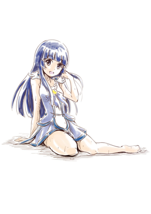 1girl :d adapted_costume aoki_reika arm_support barefoot blue_eyes blue_hair blue_shirt blue_skirt blunt_bangs cosplay cure_beauty cure_beauty_(cosplay) female_focus floating_hair full_body hand_in_own_hair long_hair looking_at_viewer miniskirt nita_(onakatohoppe) open_mouth pleated_skirt precure shirt simple_background sitting sketch skirt sleeveless sleeveless_shirt smile smile_precure! solo very_long_hair wet white_background