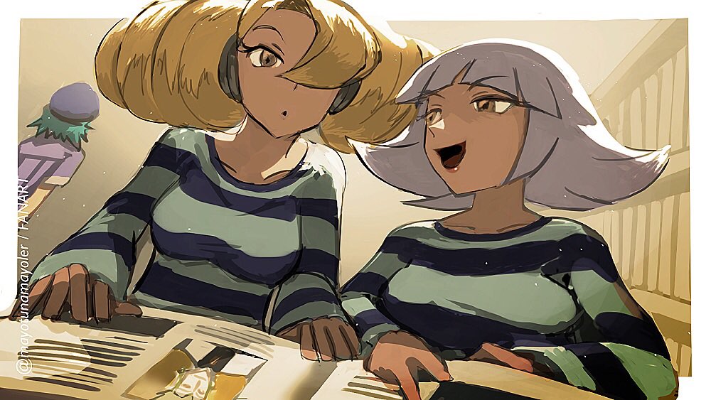 2girls 3girls annie_(pokemon) bars blonde_hair book brown_eyes closed_mouth dot_mouth double_bun hair_bun hair_over_one_eye jenny_(pokemon) lawrence_iii_(pokemon) long_sleeves looking_at_another looking_at_viewer mayotsunamayo multiple_girls nintendo oakley_(pokemon) open_book open_mouth pokemon pokemon_(anime) pokemon_(classic_anime) pokemon_heroes:_latios_&amp;_latias prison prison_cell prison_clothes prisoner scene_reference shirt siblings sisters smile striped_clothes striped_shirt