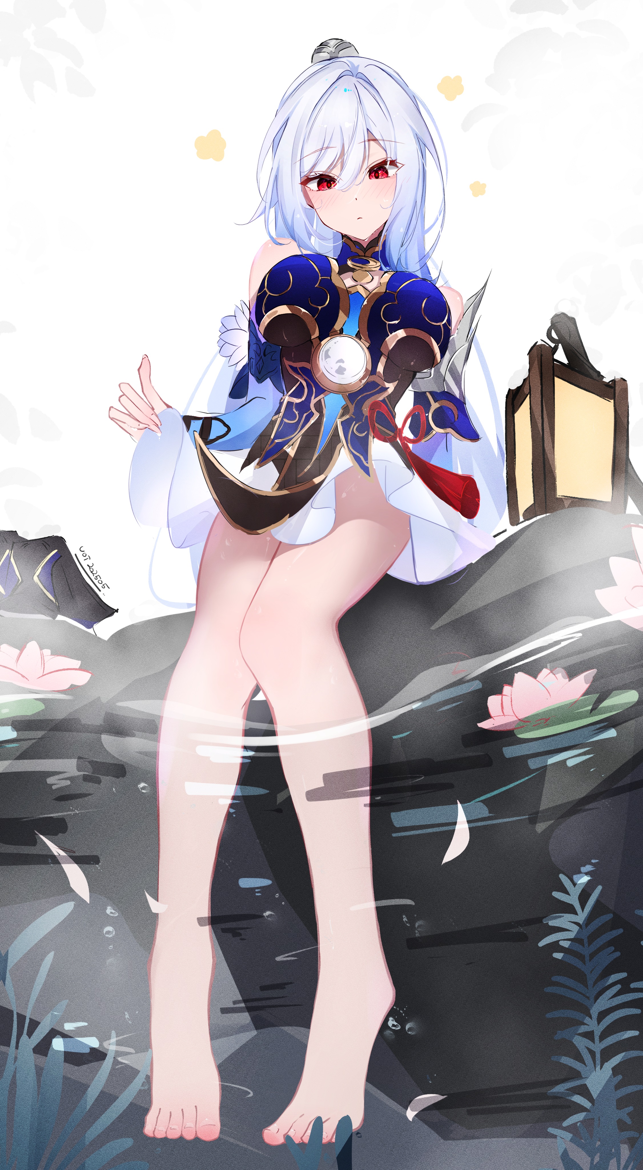 1girl absurdres bare_shoulders barefoot blue_dress blue_hair blue_skirt breasts commentary dated dress english_commentary feet full_body highres honkai:_star_rail honkai_(series) jingliu_(honkai:_star_rail) large_breasts looking_at_viewer parted_lips red_eyes sitting skirt soaking_feet solo toes voi_271 water