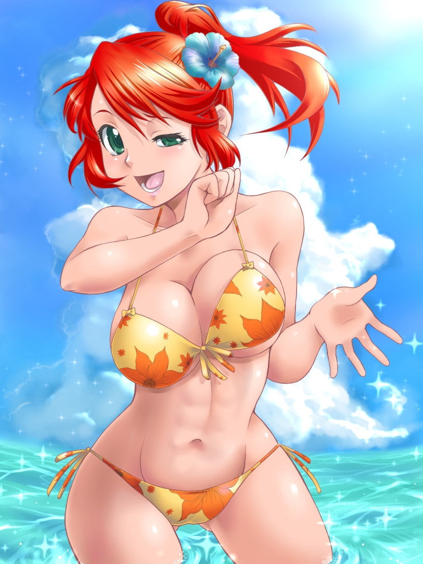 1girl abs bare_shoulders bikini breasts cleavage cloud cowboy_shot day female_focus floral_print flower front-tie_top green_eyes groin half-closed_eye hibiscus large_breasts navel open_mouth orange_bikini original ponytail red_hair side-tie_bikini_bottom sky solo sparkle swimsuit uneven_eyes wading water yaso_shigeru