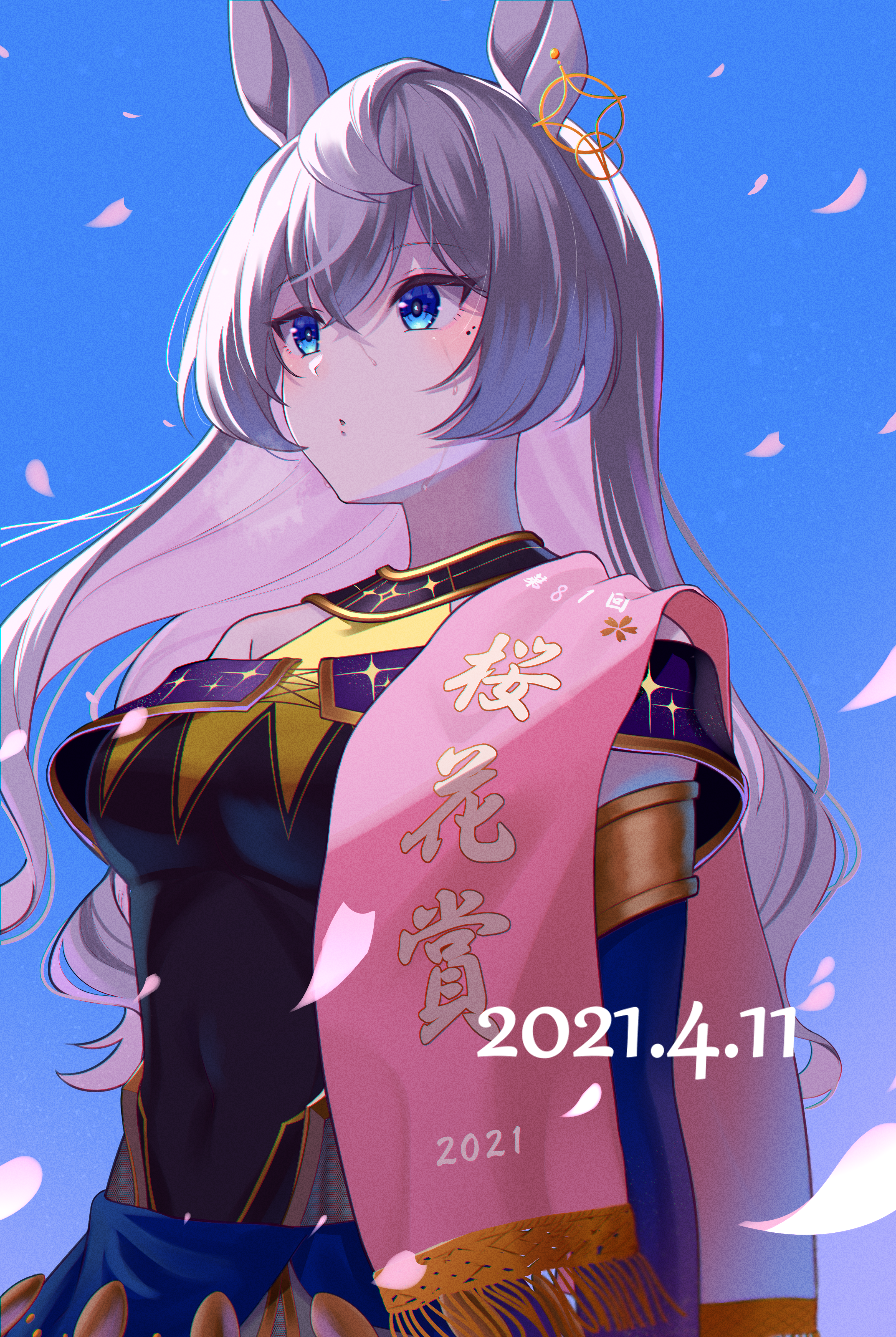 1girl 2021 absurdres animal_ears blue_background blue_eyes breasts cherry_blossoms detached_sleeves dress from_side haibarasaika hair_between_eyes highres horse_ears horse_girl long_hair medium_breasts mole mole_under_eye off-shoulder_dress off_shoulder original personification petals real_life simple_background sodashi_(racehorse) solo umamusume upper_body wavy_hair white_hair