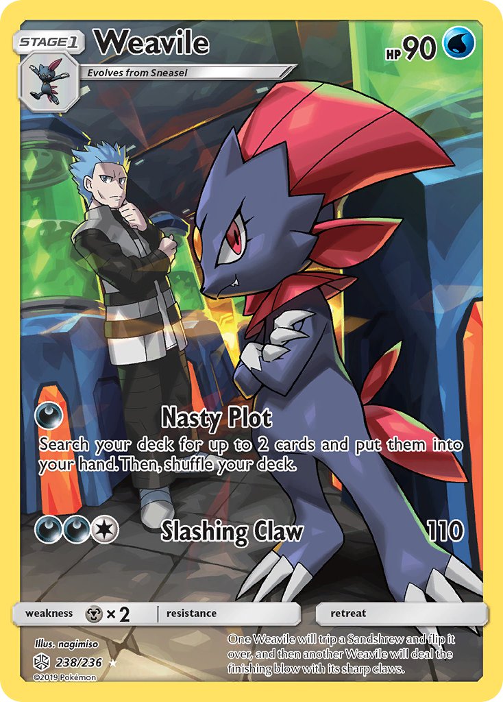 1boy artist_name black_pants blue_eyes blue_hair card_(medium) character_name claws closed_mouth company_name copyright_name copyright_notice cyrus_(pokemon) english_text forehead_jewel game_freak gen_2_pokemon gen_4_pokemon grey_jacket grey_shoes hand_on_own_chin indoors jacket nagimiso nintendo official_art pants pokemon pokemon_card pokemon_dppt pokemon_tcg red_eyes sharp_teeth shoes short_hair smile sneasel spiked_hair standing team_galactic team_galactic_uniform teeth third-party_source trading_card weavile