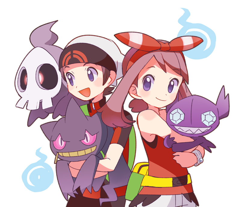 1boy 1girl :d backpack bag banette blush bow_hairband brendan_(pokemon) brown_hair closed_mouth commentary_request duskull fanny_pack game_freak gen_3_pokemon green_bag hairband holding holding_pokemon may_(pokemon) nintendo open_mouth pokemon pokemon_(creature) pokemon_oras popcorn_91 purple_eyes red_shirt sableye shirt short_sleeves shorts sleeveless sleeveless_shirt smile turtleneck zipper_pull_tab