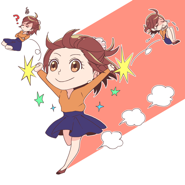 ? brown_eyes brown_hair commentary higuchi_(trigger) official_art promotional_art skirt smile tears trigger_(company)