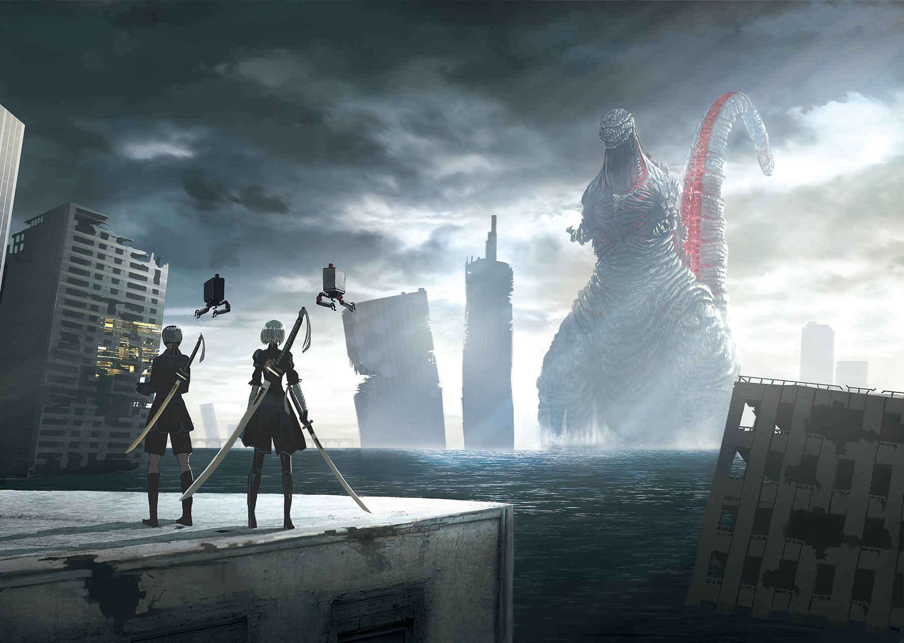 1boy 1girl 2b_(nier:automata) 9s_(nier:automata) android apocalypse black_thighhighs boots city cityscape claws cloud crossover dark_clouds day destruction dinosaur epic flood giant giant_monster glowing glowing_spikes godzilla godzilla_(series) godzilla_(shin) heads-up_display health_bar high_heel_boots high_heels highres hologram holographic_interface kaiju long_tail long_tongue monster multiple_heads nier:automata nier_(series) overcast platinumgames pod_(nier:automata) post-apocalypse realistic ruins sea_monster sharp_teeth shin_godzilla sky spikes standing sun sun_light suttoko sword tail tail_head teeth text_focus textless_version thighhighs toho tongue user_interface very_long_tongue water weapon weapon_on_back white_hair