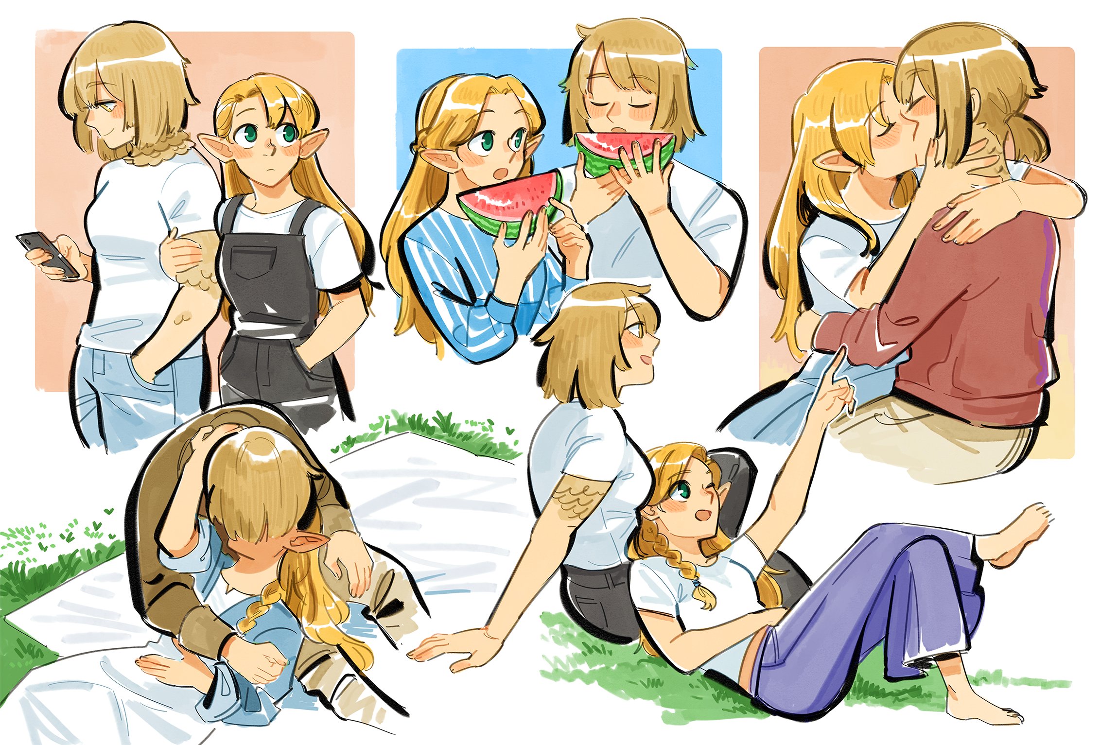 2girls alternate_universe ange_(angeban93) black_overalls black_pants blonde_hair blue_pants blue_shirt braid dungeon_meshi elf falin_touden falin_touden_(tallman) feathers female_focus food fruit grass green_eyes highres kiss long_hair marcille_donato multiple_girls multiple_views overalls pants pointy_ears red_shirt shirt short_hair striped_clothes striped_shirt watermelon watermelon_slice white_shirt yellow_eyes yuri