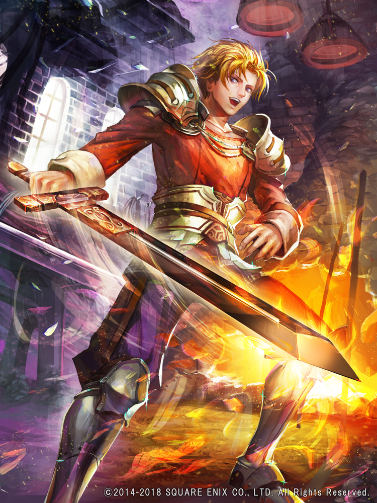 1boy :o armor blonde_hair boots dated greaves holding holding_sword holding_weapon imperial_saga indoors male_focus nitamame official_art saga saga_frontier slashing standing sword watermark weapon