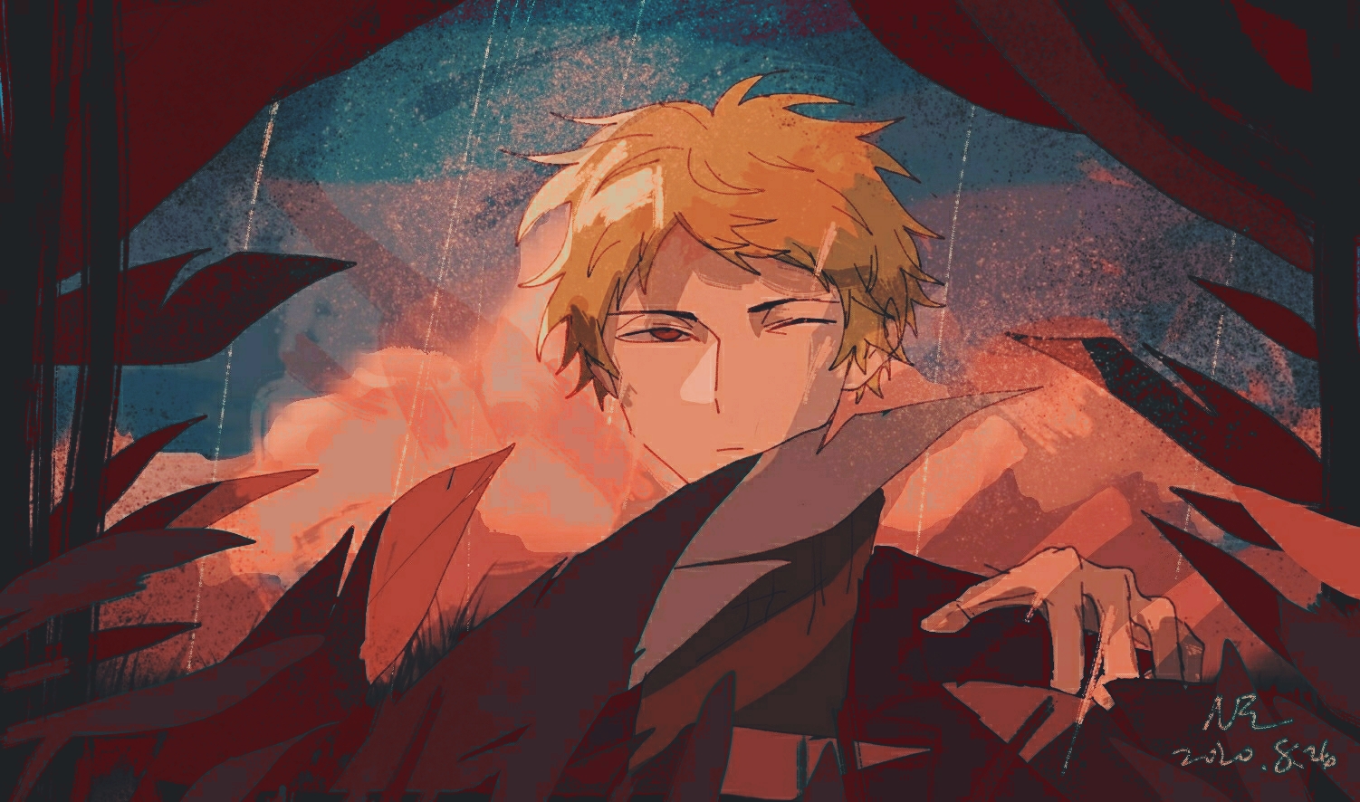 1boy ;| atou_haruki beiquqian black_jacket blonde_hair blue_sky brown_sweater chinese_commentary closed_mouth cloud commentary_request dated hand_up jacket male_focus one_eye_closed open_clothes open_jacket orange_eyes plant saibou_shinkyoku short_hair signature sky solo sweater turtleneck turtleneck_sweater variant_set