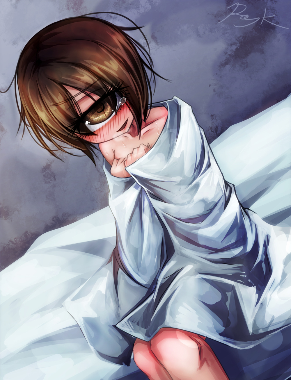 1girl bed_sheet blush brown_eyes brown_hair covering_privates cyclops female_focus full-face_blush hands_on_own_chest highres hitomebore looking_at_viewer monster_girl naked_sheet no_nose nude on_bed one-eyed original ray-k short_hair signature single_eye sitting smile solo sweat tears usui_sachi