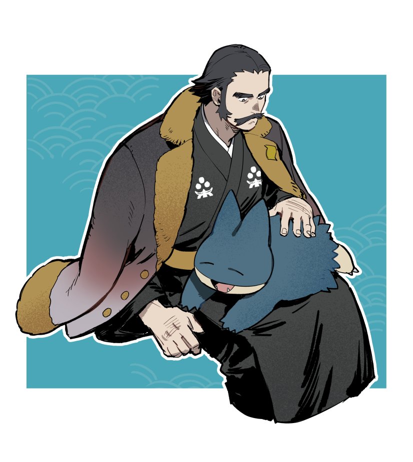 1boy beard black_hair facial_hair fur-trimmed_jacket fur_trim gen_4_pokemon jacket jacket_on_shoulders japanese_clothes kamado_(pokemon) looking_at_another male_focus mature_male munchlax mustache nintendo patterned_clothing pokemon pokemon_(creature) pokemon_legends:_arceus short_hair sideburns sitting sitting_on_lap sitting_on_person smile thick_eyebrows zoo_(oukakumaku)