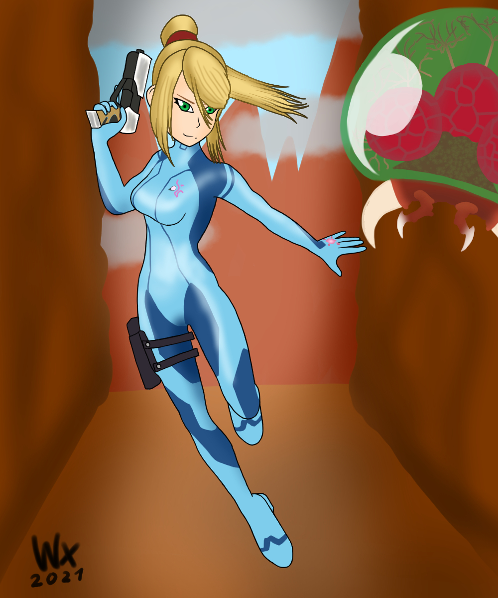 1girl aqua_eyes arm_at_side artist_request blonde_hair blue_bodysuit bodysuit breasts collarbone directed-energy_weapon energy_gun eyelashes female_focus full_body gun hair_between_eyes hand_up high_heels high_ponytail highres holding holding_gun holding_weapon holster jumping long_hair looking_at_another medium_breasts metroid metroid:_other_m metroid_(creature) mole mole_under_mouth mountainous_horizon nintendo outdoors paralyzer ponytail ray_gun samus_aran science_fiction sidelocks signature skin_tight smirk thigh_holster turtleneck turtleneck_bodysuit weapon zero_suit