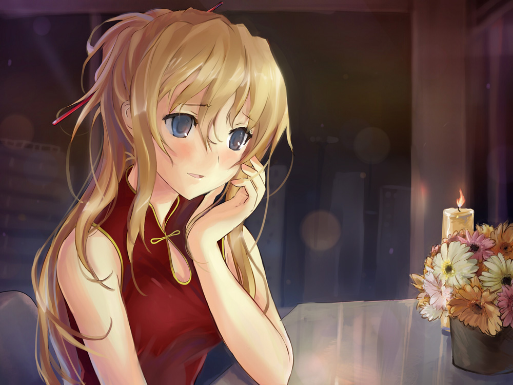 1girl blonde_hair blue_eyes blush building candle china_dress chinese_clothes dress eyelashes fire flower game_cg hair_ornament hairpin hand_on_own_face katawa_shoujo long_hair non-web_source official_alternate_costume official_art open_mouth orange_flower pink_flower raide red_dress salad salad_bowl satou_lilly sleeveless sleeveless_dress smile solo table upper_body white_flower window