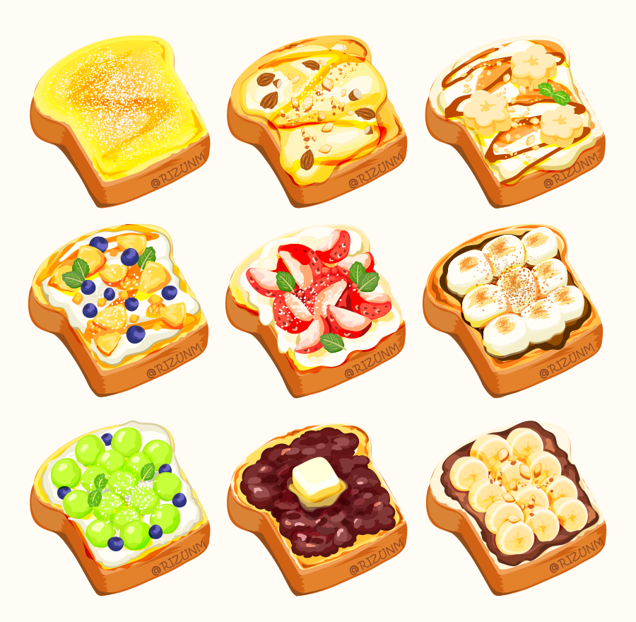 blueberry bread bread_slice food food_focus fruit grapes marshmallow no_humans original red_bean_paste rizu_(rizunm) simple_background strawberry strawberry_slice syrup toast white_background