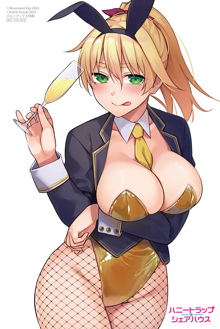 1girl :q animal_ear_hairband animal_ears arm_under_breasts artist_name between_breasts blazer blonde_hair breasts cleavage copyright_logo covered_erect_nipples cup detached_collar drinking_glass fake_animal_ears fishnet_pantyhose fishnets green_eyes groin hair_ribbon hairband holding holding_cup honey_trap_shared_house jacket kouzuki_kouichi large_breasts latex latex_leotard leotard maria_rockwell necktie necktie_between_breasts no_bra no_panties official_art pantyhose pinky_out playboy_bunny ponytail rabbit_ear_hairband rabbit_ears ribbon second-party_source simple_background sleeve_cuffs solo strapless strapless_leotard thick_eyebrows tongue tongue_out white_background wine_glass