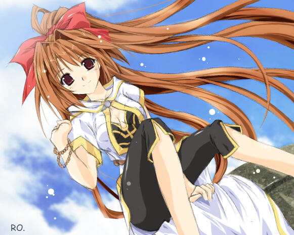 1girl 2000s_(style) bad_id black_shirt black_shorts blue_sky blush bow brown_eyes brown_hair closed_mouth cloud coat commentary_request copyright_name feet_out_of_frame gold_trim hair_bow hair_intakes high_ponytail long_hair looking_at_viewer monk_(ragnarok_online) open_clothes open_coat ponytail ragnarok_online red_bow shirt short_sleeves shorts sitting sky smile solo tokita very_long_hair white_coat