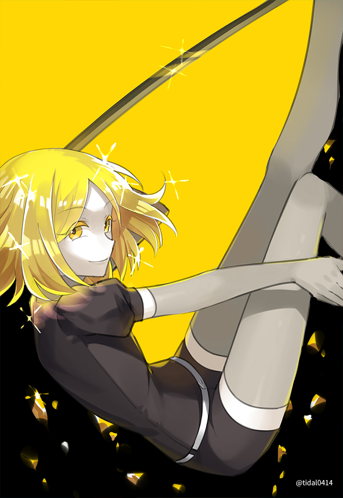1other androgynous blonde_hair colored_eyelashes elbow_gloves gem_uniform_(houseki_no_kuni) gloves houseki_no_kuni looking_at_viewer nashi_(tidal0414) short_hair shorts smile solo sparkle sword thighhighs weapon yellow_background yellow_diamond_(houseki_no_kuni) yellow_eyes yellow_theme