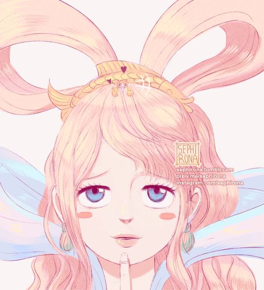 2girls blue_eyes blush_stickers finger_to_mouth giant giantess heart long_hair mansherry_(one_piece) multiple_girls one_piece pink_hair portrait sephirona shirahoshi size_difference solo