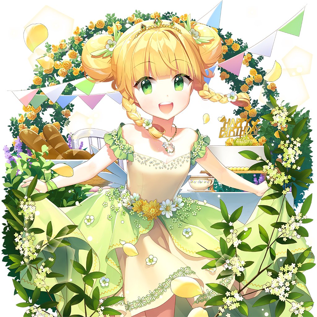 1girl bare_arms blonde_hair braid chair double_bun dress falling_petals flower_wreath green_dress green_eyes hair_bun off-shoulder_dress off_shoulder open_mouth petals salt_(salty) sapphire_emerald table tiara twin_braids twintails uchi_no_hime-sama_ga_ichiban_kawaii