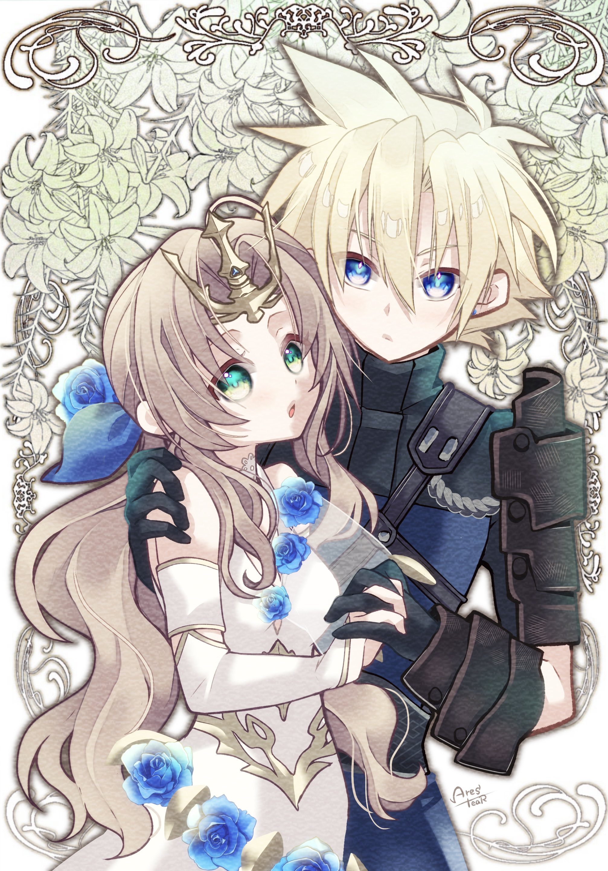 1boy 1girl absurdres aerith_gainsborough aerith_gainsborough_(prism_dress) arestear0701 arm_around_shoulder armor artist_name black_gloves blonde_hair blue_eyes blue_flower blue_ribbon blue_rose breasts brown_hair cloud_strife cloud_strife_(murasame) couple detached_sleeves dress dress_flower earrings final_fantasy final_fantasy_vii final_fantasy_vii_ever_crisis floral_background flower gloves gold_choker gold_trim green_eyes hair_between_eyes hair_flower hair_ornament hair_ribbon hetero highres interlocked_fingers japanese_armor japanese_clothes jewelry lily_(flower) long_dress long_hair low_ponytail medium_breasts official_alternate_costume parted_bangs parted_lips ponytail ribbon rose see-through_clothes see-through_sleeves short_hair shoulder_armor sidelocks single_bare_shoulder single_earring single_sleeve spiked_hair tiara turtleneck upper_body wavy_hair white_dress white_sleeves yellow_flower