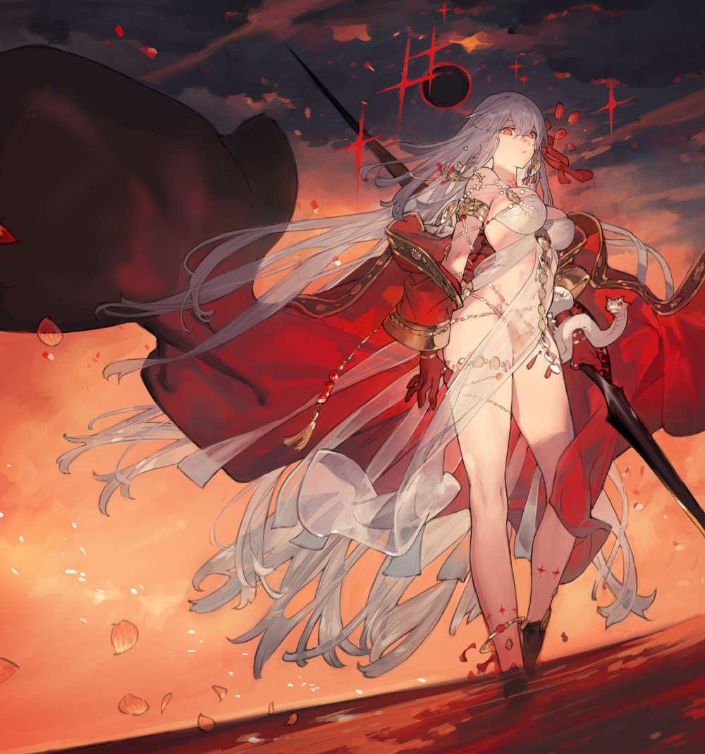 1girl anklet armlet bare_shoulders belly_chain body_markings bracelet breasts cleavage cloud cloudy_sky colored_skin dress durga_(fate) earrings fate/grand_order fate_(series) gold_trim gradient_skin gradient_sky grey_hair hair_ribbon indian_clothes jewelry large_breasts long_hair looking_at_viewer off_shoulder orange_sky pelvic_curtain petals polearm red_eyes red_robe red_skin revealing_clothes ribbon robe sari sash sky snake solo spear starshadowmagician thighs thumb_ring twilight very_long_hair wading water weapon white_dress