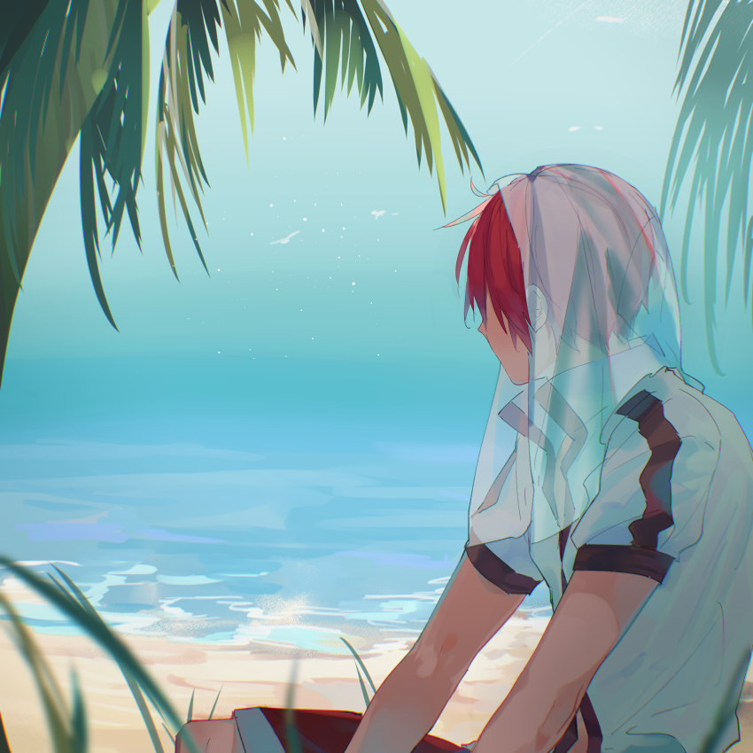 1boy adol_christin day facing_away kiruri_(mimosayoshi) looking_to_the_side male_focus ocean outdoors palm_tree red_hair red_shorts shirt shore short_hair short_sleeves shorts simple_bird solo tree veil white_shirt ys
