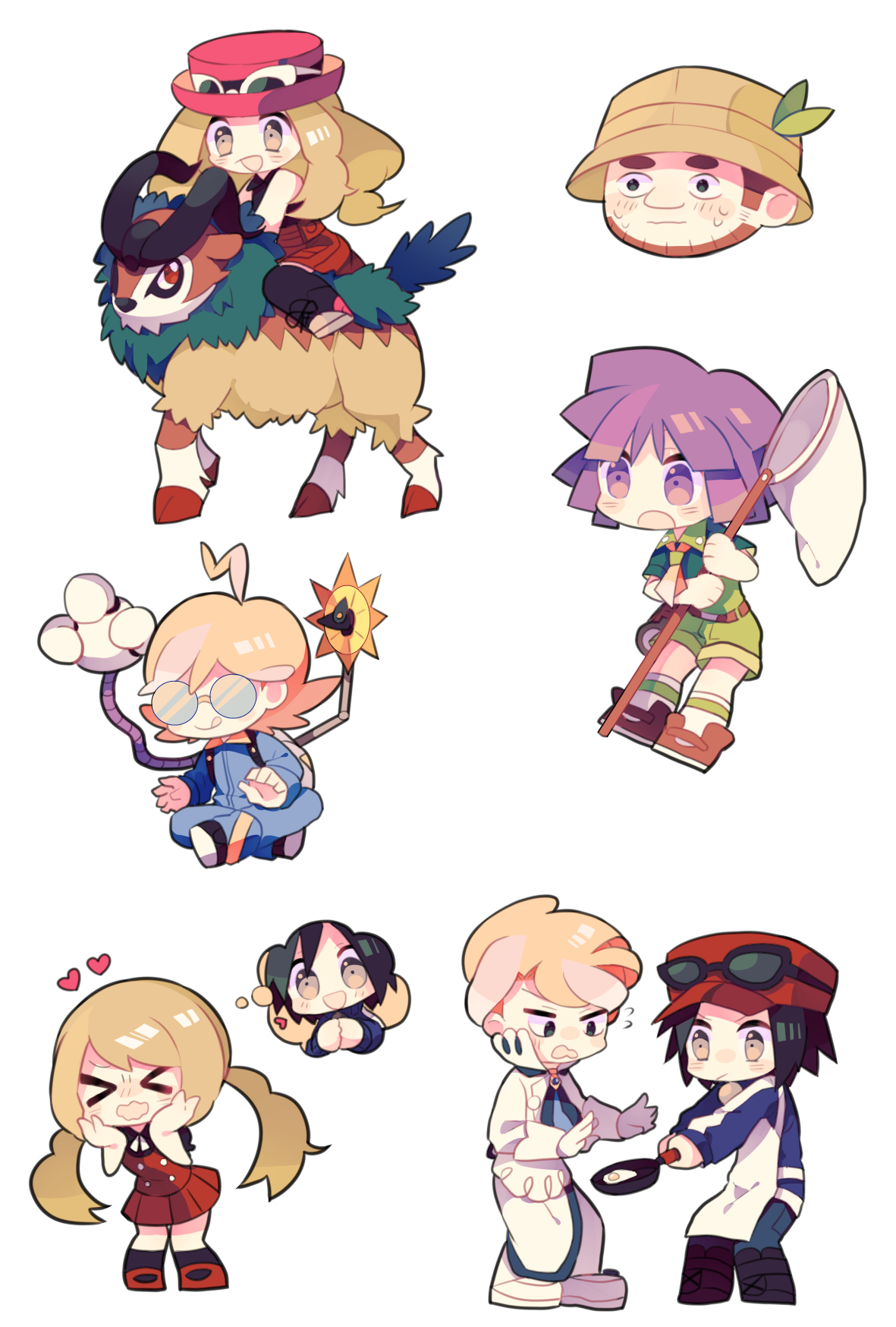 >_< 1girl 5boys ahoge apron ascot beard belt black_hair blue_jumpsuit brown_belt brown_eyes brown_hair bugsy_(pokemon) calem_(pokemon) clemont_(pokemon) egg_(food) facial_hair food frying_pan gen_6_pokemon glasses gogoat green_shirt green_shorts hat highres hiker_(pokemon) holding holding_frying_pan indian_style jumpsuit multiple_boys nagatsukiariake nintendo open_mouth pokemon pokemon_(creature) pokemon_hgss pokemon_xy purple_hair red_hat red_skirt riding riding_pokemon round_eyewear serena_(pokemon) shirt short_hair shorts sideburns siebold_(pokemon) sitting skirt speech_bubble thought_bubble transparent_background twintails white_apron