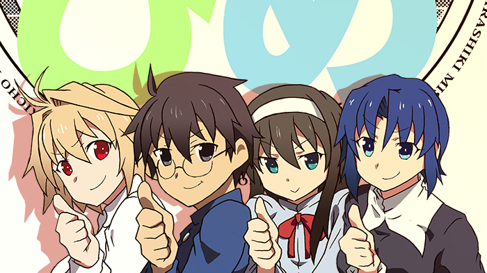 1boy 3girls arcueid_brunestud blonde_hair blue_eyes blue_hair brown_hair ciel_(tsukihime) commentary_request glasses hair_between_eyes hairband kono_subarashii_sekai_ni_shukufuku_wo! long_hair long_sleeves looking_at_viewer multiple_girls parody red_eyes school_uniform shadow short_hair simple_background smile sweater tententensan thumbs_up tohno_akiha tohno_shiki tomorrow_(konosuba) tsukihime turtleneck white_hairband
