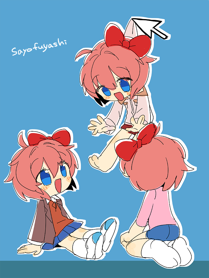 3girls blazer blue_background blue_eyes bow casual cursor doki_doki_literature_club hair_bow hanging jacket multiple_girls multiple_persona nekobayashi_(nekoforest) pink_hair red_bow sayori_(doki_doki_literature_club) school_uniform shorts simple_background sitting socks white_legwear