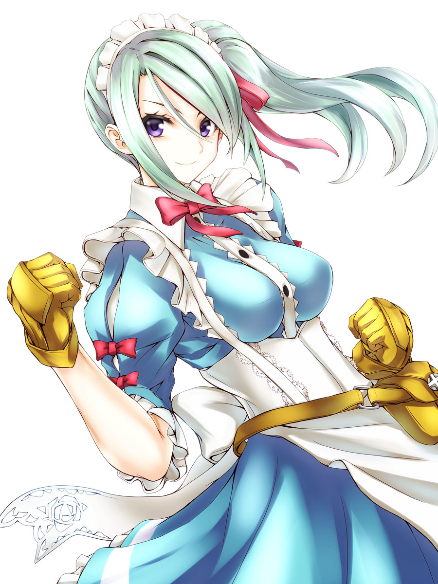 &gt;:) 1girl 7th_dragon_(series) 7th_dragon_iii bag bow bowtie breasts clenched_hands female_focus gloves god-hand_(7th_dragon) green_hair highres kurokawa_(silve) long_hair looking_at_viewer maid maid_headdress medium_breasts purple_eyes side_ponytail simple_background smile solo v-shaped_eyebrows white_background