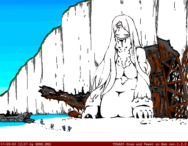 5girls abyssal_ship beach beached_ship blue_sky breasts broken_horn claws cliff closed_eyes color_banding commentary_request covered_mouth footprints giant giantess horns kantai_collection kneeling landing_craft large_breasts long_hair monster_girl moxtu69_eg multiple_girls nude oekaki on_ground outdoors rust seaport_princess ship size_difference sky solo_focus tegaki_draw_and_tweet truss water watercraft wide_shot