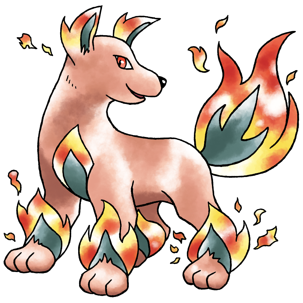 brown_fur derivative_work dog en_(entei) entei fiery_ears fiery_tail full_body gen_2_pokemon legendary_pokemon looking_to_the_side nintendo no_humans official_style parted_lips pokemon pokemon_(creature) pokemon_focus pokemon_gsc_(prototype) prototype_design raciebeep sideways_glance simple_background smile solo standing sugimori_ken_(style) tachi-e tail transparent_background turning_head watercolor_effect