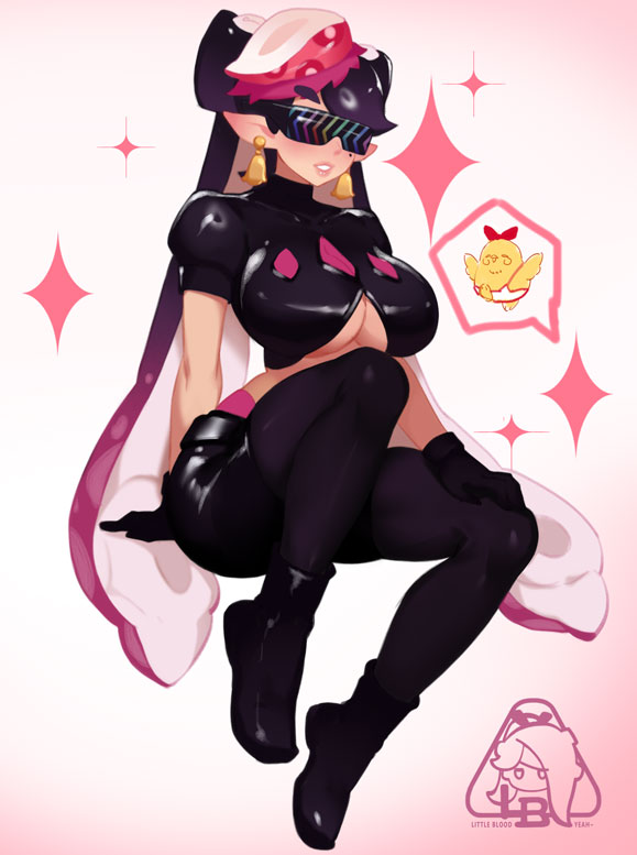 ankle_boots artist_logo black_gloves black_hair black_shirt black_shorts boots bow bow-shaped_hair breasts callie_(octo_idol_outfit)_(splatoon) callie_(splatoon) cowlick crop_top earrings fish_(food) food food_on_head full_body gloves gold_earrings gradient_hair hat hypnoshades_(splatoon) jewelry large_breasts little123blood logo long_hair long_pointy_ears midriff mole mole_under_eye multicolored_hair nintendo object_on_head octopus_sashimi octopus_sausage_earrings official_alternate_costume pale_skin panties panty_straps pantyhose pink_panties pointy_ears red_hat red_leaf red_shiso_leaf sashimi shiny_clothes shirt shoes short_shorts short_sleeves shorts simple_background sitting splatoon_(series) splatoon_2 spotted_hair suction_cups sunglasses swept_bangs tentacle_hair thick_eyebrows twintails two-tone_hair underboob underwear very_long_hair wide_hips
