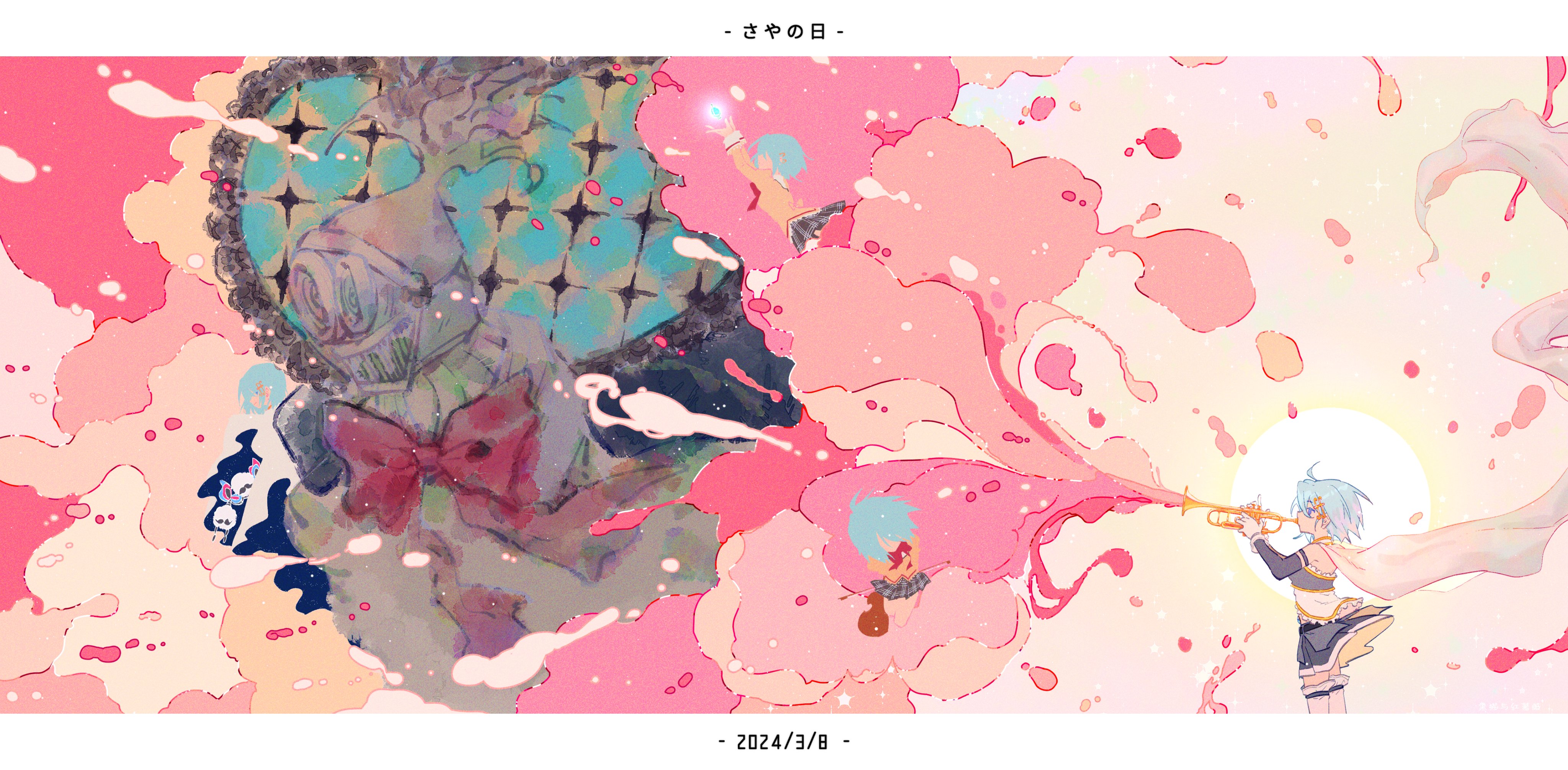 1girl abstract absurdres bcarr116 blue_hair bow cape dated floating_cape from_side gloves glowing hair_ornament heart helmet highres instrument mahou_shoujo_madoka_magica mahou_shoujo_madoka_magica_(anime) miki_sayaka miki_sayaka_(magical_girl) music oktavia_von_seckendorff pink_theme plaid_clothes plaid_skirt playing_instrument red_bow school_uniform short_hair skirt smoke soul_gem translation_request trumpet white_cape white_gloves witch_(madoka_magica)