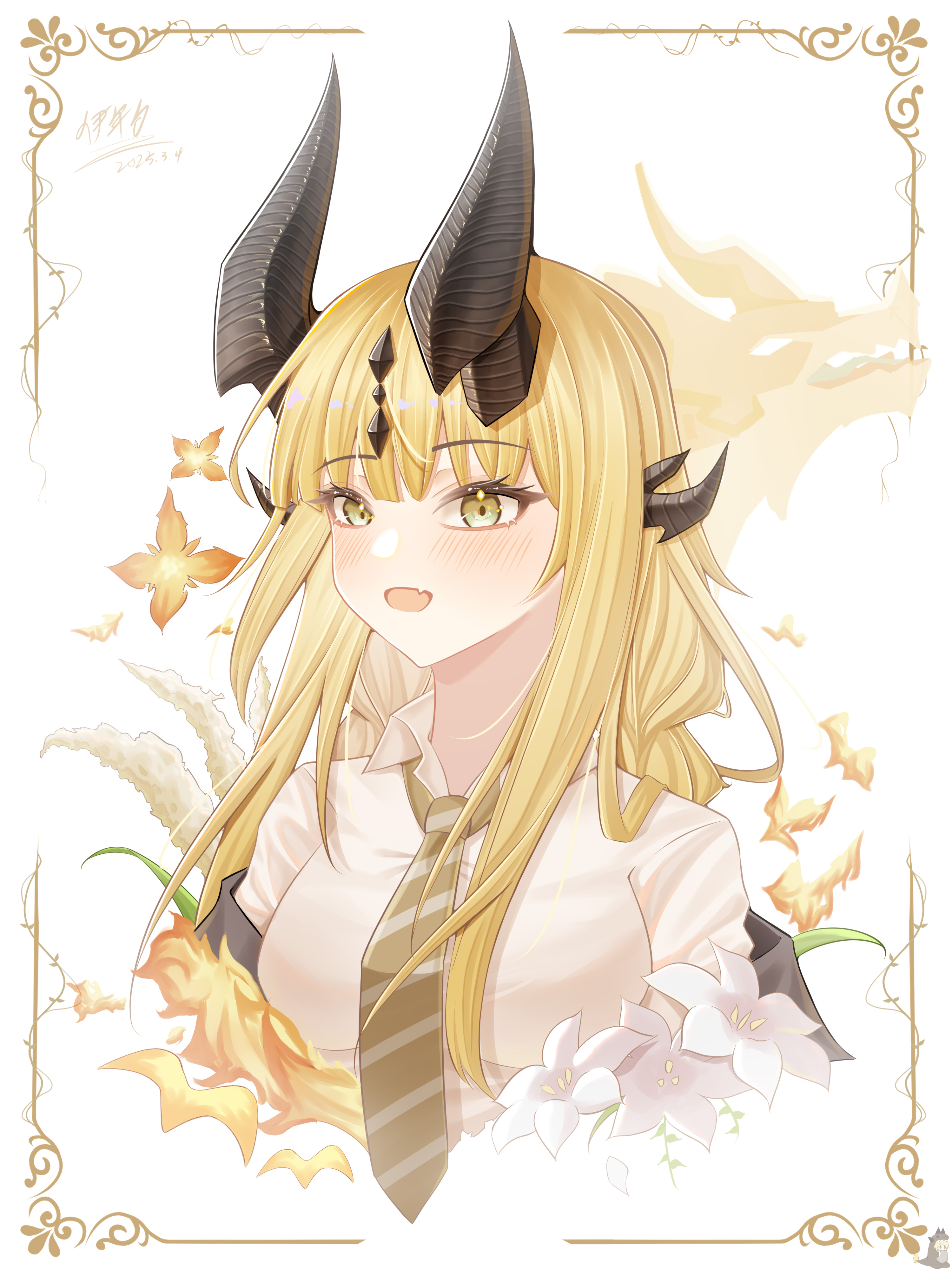 1girl :d absurdres airtair arknights black_horns blonde_hair blush border chinese_commentary collared_shirt commentary_request cropped_torso dated diagonal-striped_clothes diagonal-striped_necktie fang green_eyes green_necktie highres horns long_hair necktie open_mouth ornate_border partial_commentary reed_(arknights) shirt skin_fang smile solo striped_clothes white_background white_shirt