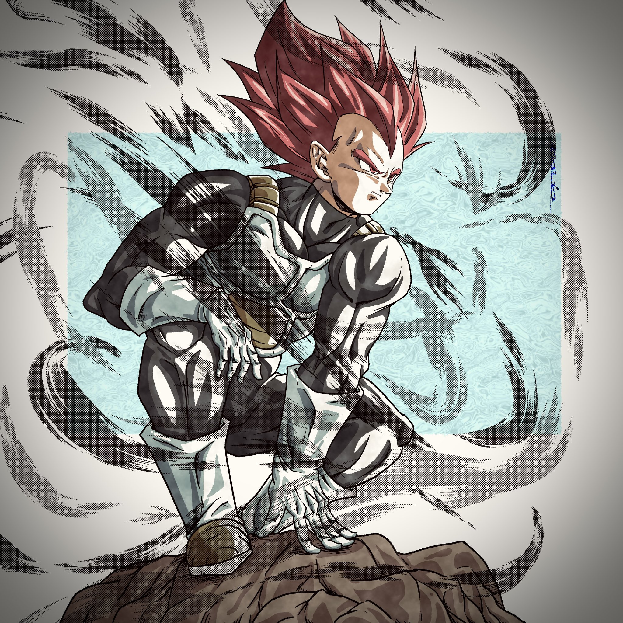 1boy armor aura black_bodysuit bodysuit boots dragon_ball dragon_ball_super full_body gloves highres male_focus medium_hair noir_illust red_eyes red_hair saiyan_armor solo spiked_hair super_saiyan super_saiyan_god vegeta white_armor white_boots white_gloves