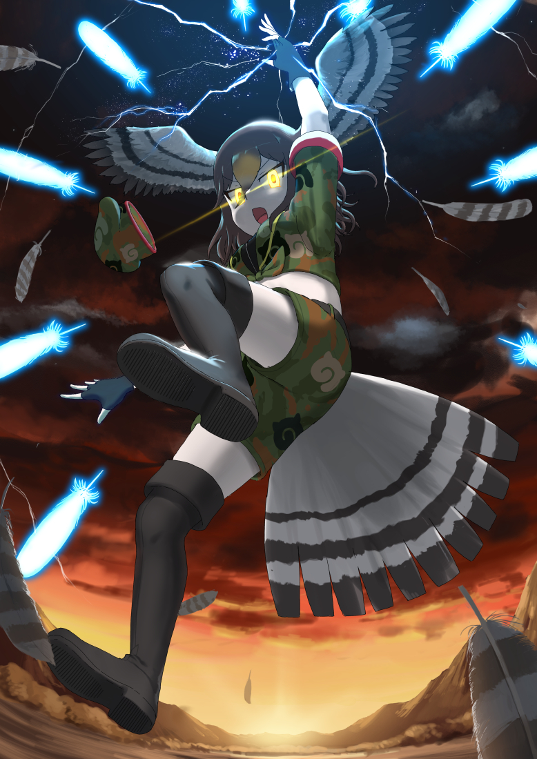 1girl action bird_girl bird_tail bird_wings black_boots black_gloves black_legwear blonde_hair boots brown_hair camouflage camouflage_shirt camouflage_shorts commentary_request crop_top fingerless_gloves from_below gloves glowing glowing_eyes hair_between_eyes head_wings japari_symbol kemono_friends kemono_friends_3 knee_boots lightning long_hair looking_at_viewer midriff multicolored_hair northern_goshawk_(kemono_friends) official_alternate_costume shirt short_sleeves shorts solo t-shirt tail tied_shirt wings yellow_eyes yumeumi_sousaku