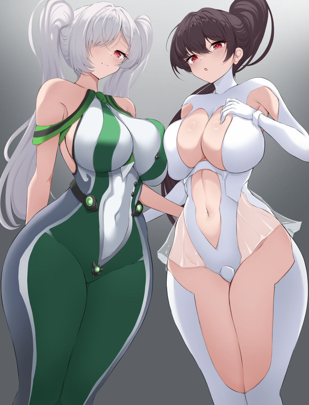 2girls asymmetrical_docking black_hair blunt_bangs bodysuit breast_press breasts cinderella_(nikke) cleavage cleavage_cutout clothing_cutout commentary cosplay costume_switch crossover english_commentary eve_(stellar_blade) female_focus gloves goddess_of_victory:_nikke grey_background grey_hair hair_over_one_eye highres large_breasts leg_cutout long_hair looking_at_viewer multiple_girls navel navel_cutout one_eye_covered planet_diving_suit_(7th)_(stellar_blade) ponytail red_eyes see-through_clothes see-through_skirt simple_background skirt stellar_blade trait_connection twintails very_long_hair white_bodysuit white_gloves zeropen