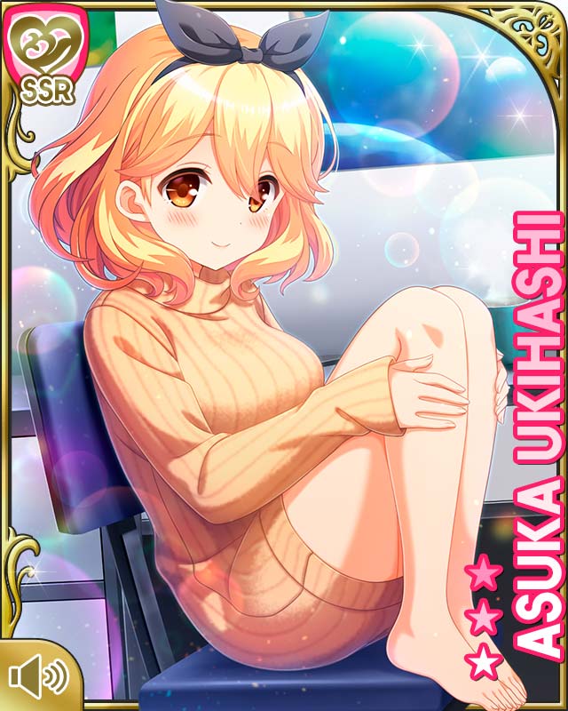 1girl bare_legs barefoot bedroom black_ribbon blonde_hair bottomless breasts brown_eyes card_(medium) chair closed_mouth day girlfriend_(kari) hair_ribbon indoors medium_breasts official_art qp:flapper ribbon short_hair sitting smile solo sweater table tagme ukihashi_asuka yellow_sweater