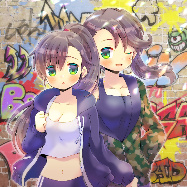 2girls :o ;d alternate_costume arizona_(azur_lane) azur_lane black_jacket black_tank_top blue_pants blush breasts brick_wall brown_hair camouflage camouflage_jacket cleavage collarbone commentary_request commission drawstring graffiti green_eyes hair_between_eyes hood hood_down hooded_jacket jacket kou_hiyoyo long_hair long_sleeves medium_breasts midriff multiple_girls navel one_eye_closed open_clothes open_jacket open_mouth pants parted_lips pennsylvania_(azur_lane) ponytail puffy_long_sleeves puffy_sleeves smile tank_top very_long_hair white_tank_top
