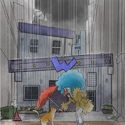 1boy big_nose blue_hair brown_fur building cat facial_hair hand_in_pocket holding holding_umbrella jimmy_t mustache nintendo official_art rain red_nose red_umbrella satellite_dish takeuchi_kou third-party_source umbrella warioware warioware:_get_it_together!