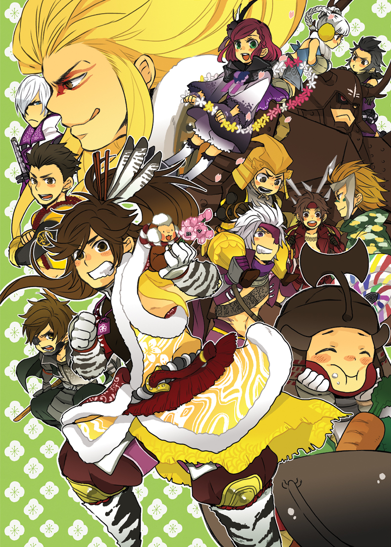 2girls 6+boys :&lt; :i :q armor black_hair blonde_hair braid brown_hair chousokabe_motochika_(sengoku_basara) clenched_hand clenched_teeth crossover date_masamune_(sengoku_musou) earmuffs eishi2003 eyepatch feather_hair_ornament feathers green_background grin hair_ornament helmet honda_tadakatsu_(sengoku_basara) hosokawa_gracia_(sengoku_musou) ishida_mitsunari_(sengoku_basara) itsuki_(sengoku_basara) japanese_armor kabuto_(helmet) kobayakawa_hideaki_(sengoku_basara) long_hair looking_at_viewer maeda_keiji_(sengoku_basara) maeda_keiji_(sengoku_musou) male_focus monkey mori_ranmaru_(sengoku_basara) multiple_boys multiple_girls o3o ponytail red_hair sanada_yukimura_(sengoku_basara) sarutobi_sasuke_(sengoku_basara) sengoku_basara sengoku_musou short_hair smile teeth tokugawa_ieyasu_(sengoku_basara) tongue tongue_out twin_braids white_hair yumekichi