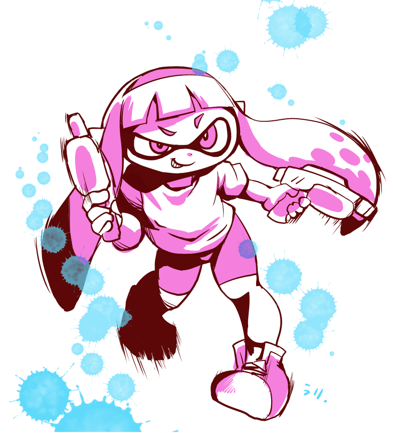 1girl bike_shorts dual_wielding grin gun handgun holding holding_gun holding_weapon inkling inkling_girl inkling_player_character long_hair looking_at_viewer monochrome nintendo paint paint_splatter pistol pointy_ears raised_eyebrow shirt shoes short_sleeves smile splatoon_(series) splatoon_1 spot_color squid_girl standing teeth tentacle_hair weapon white_background woory
