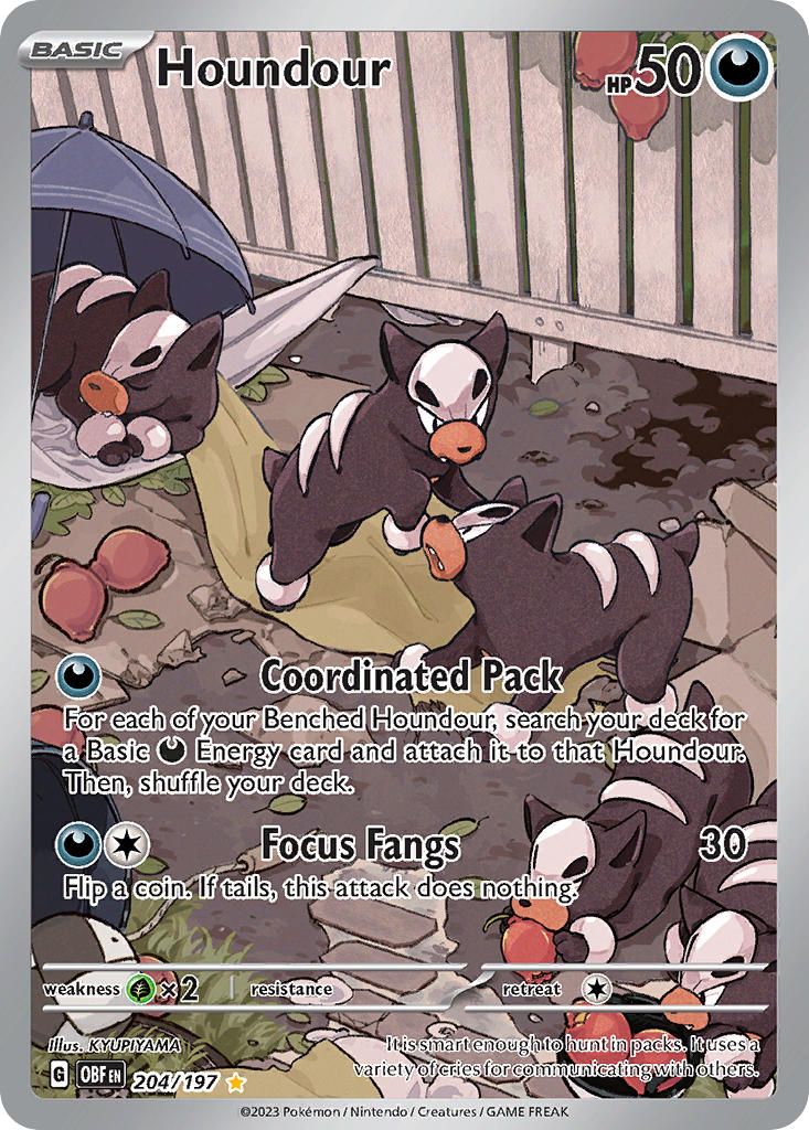 animal_focus artist_name berry_(pokemon) card_(medium) character_name chotokkyu closed_eyes closed_mouth company_name copyright_name copyright_notice english_text fang fence gen_2_pokemon grass houndour nintendo no_humans official_art pokemon pokemon_(creature) pokemon_card pokemon_focus pokemon_tcg pomeg_berry sleeping soil third-party_source trading_card umbrella v-shaped_eyes